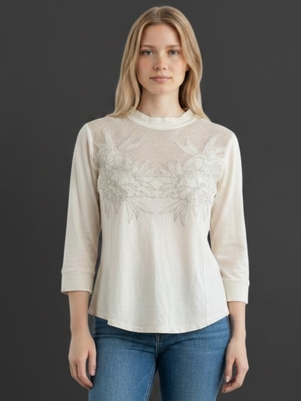 Free People Cream Floral Crochet Mesh Long Sleeve Top XS NWT